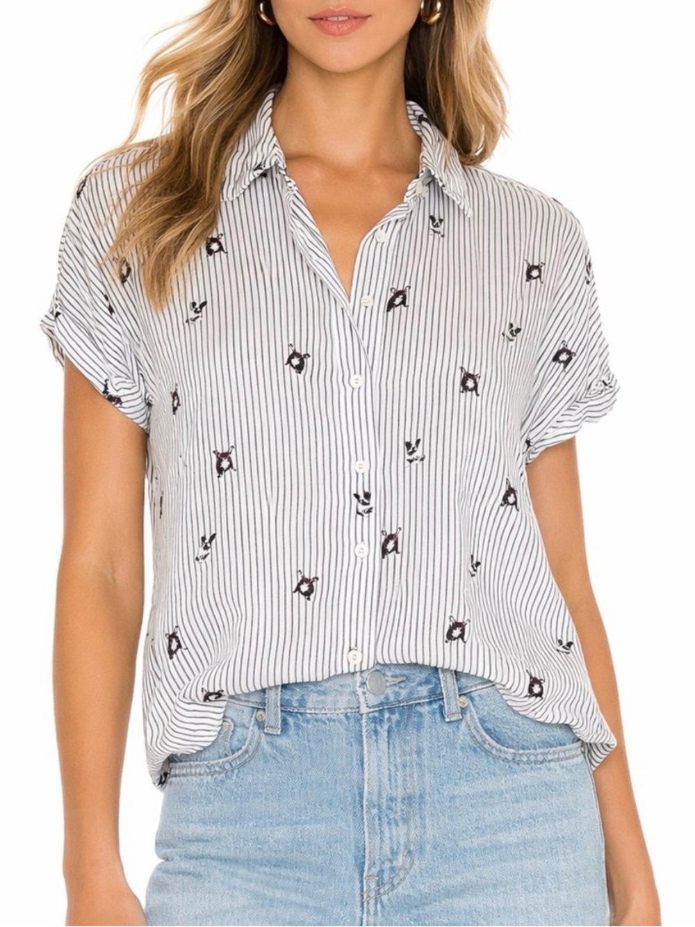 Jane and Delancey White Pinstripe Button-Down Shirt with Black Embroidery